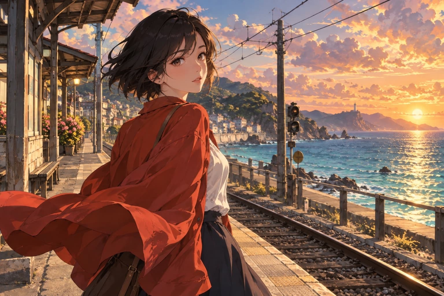 夕阳下的海边车站，动漫少女回望